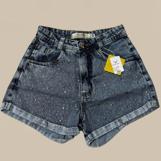Short Jeans Feminino Com Brilho de Estrela e Ponto de Luz Cintura Alta