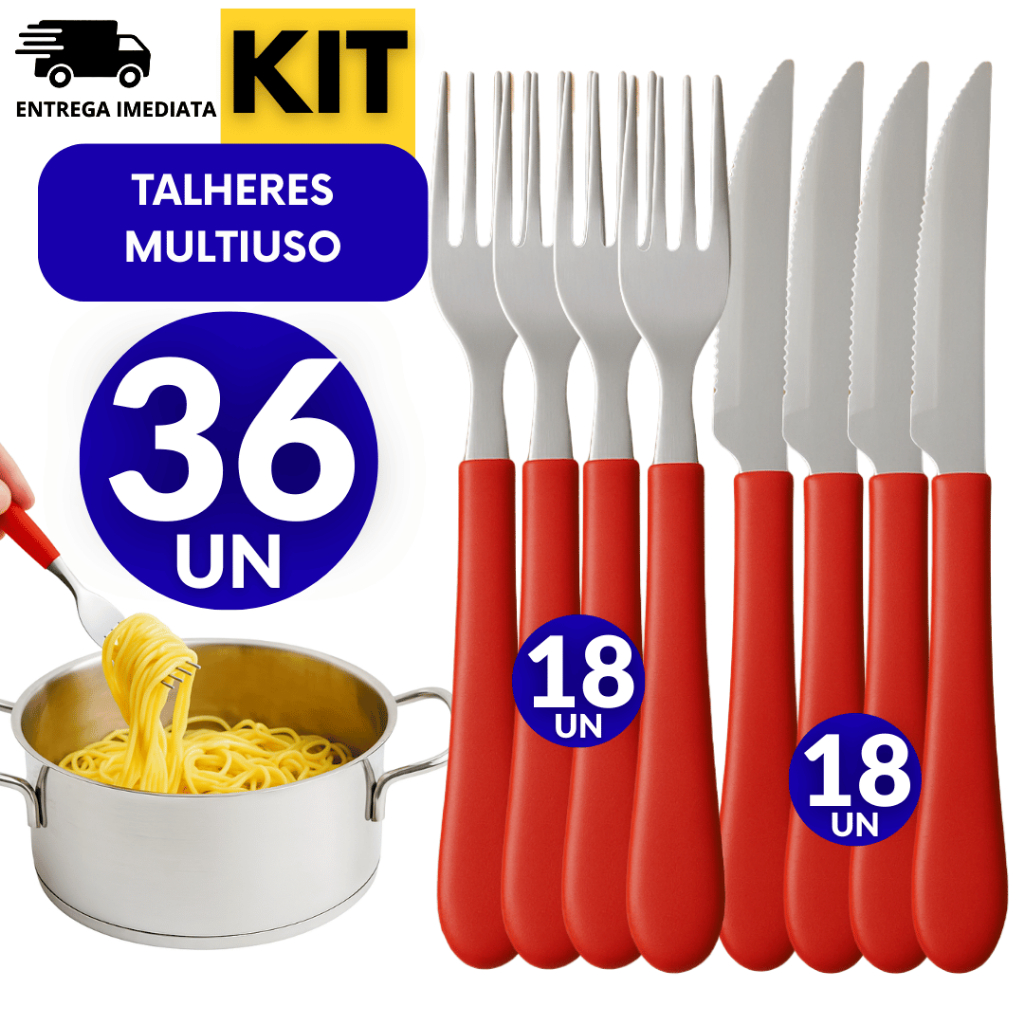 Jogo 36  -  Talher Linha Colorida Vermelho 18 Garfo 18 Faca Inox Premium Cabo Plástico Cozinha Casa Natal Utilidades