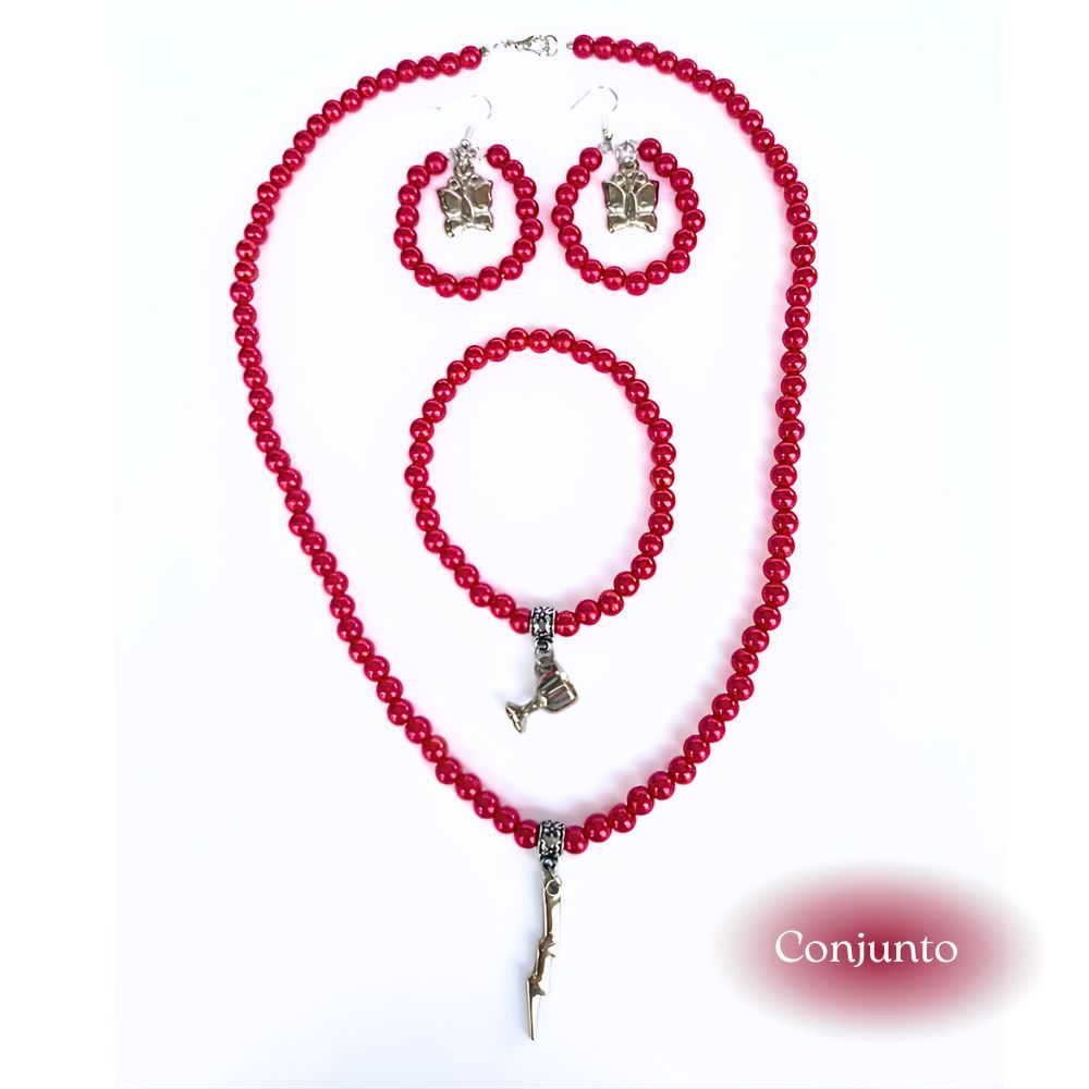 Conjunto Iansã Orixá – Colar, Pulseira e Brincos com Pérolas e Pingentes