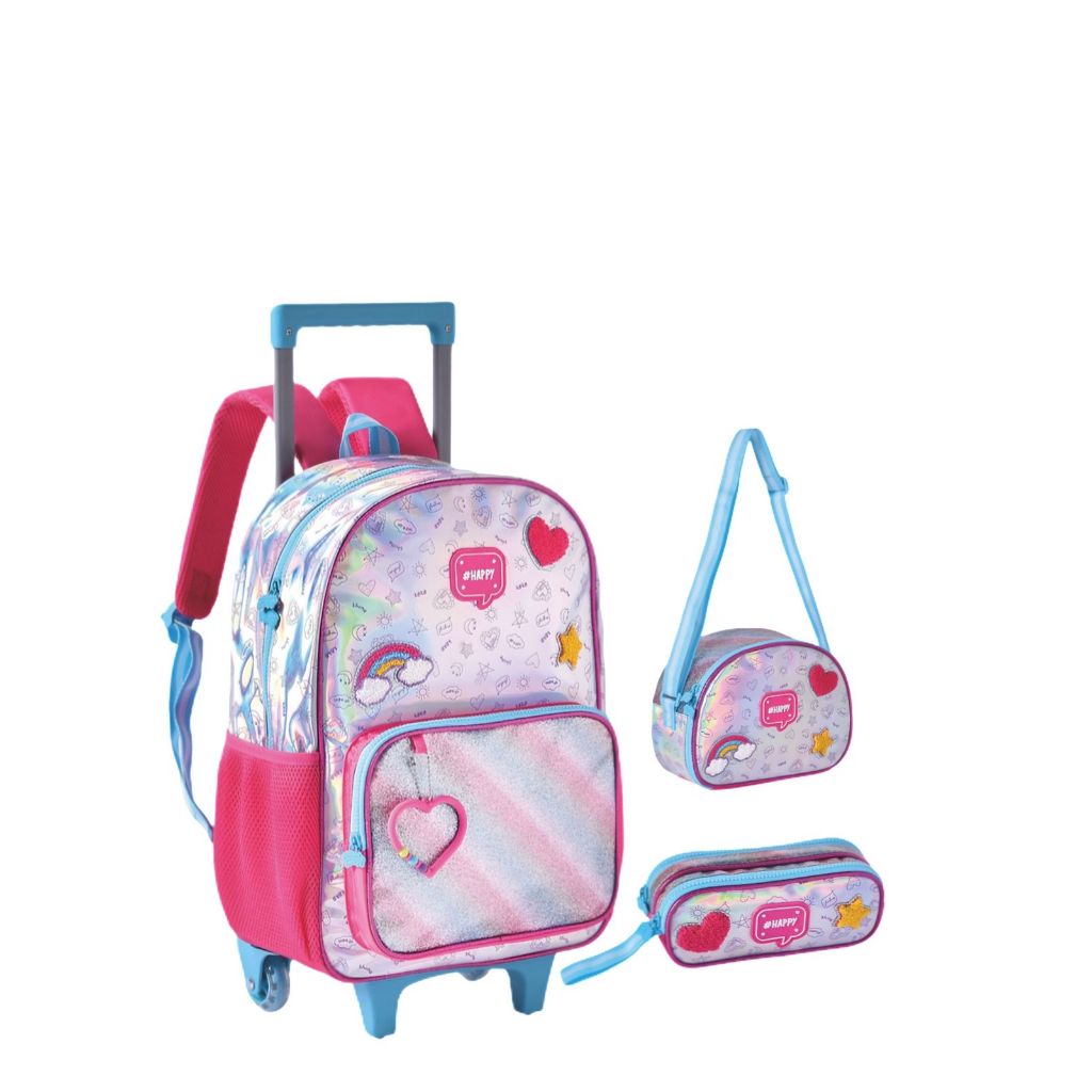 Kit Escolar Rodinhas Holográfico Infantil Juvenil Menina Lancheira e Estojo Clio Style