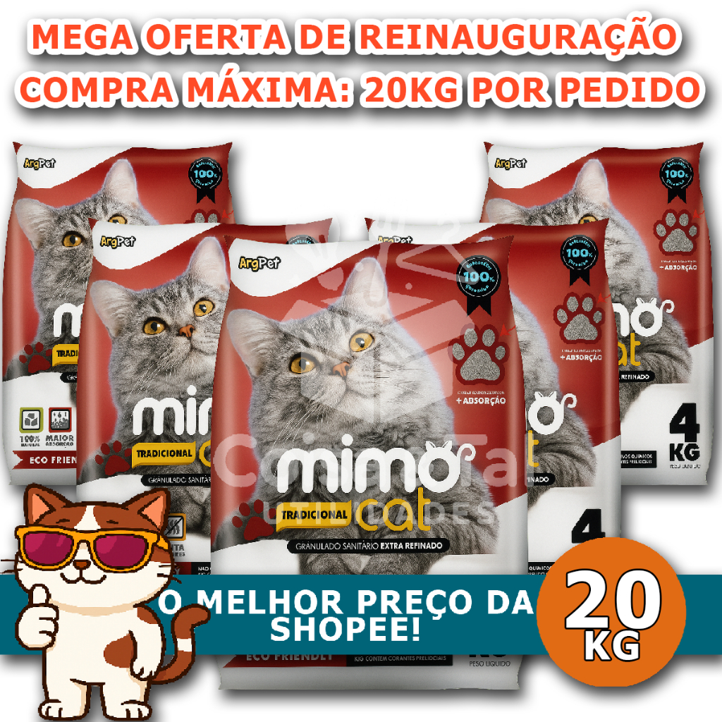 Kit 20kg areia higienica sanitaria super anti odor mimocat argila natural absorvente para gatos