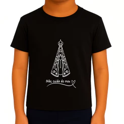 Camisa Camiseta Infantil Estampada Nossa Senhora Aparecida Devotos Mirins Frase Mãe Cuida do Meu Coração Oferta