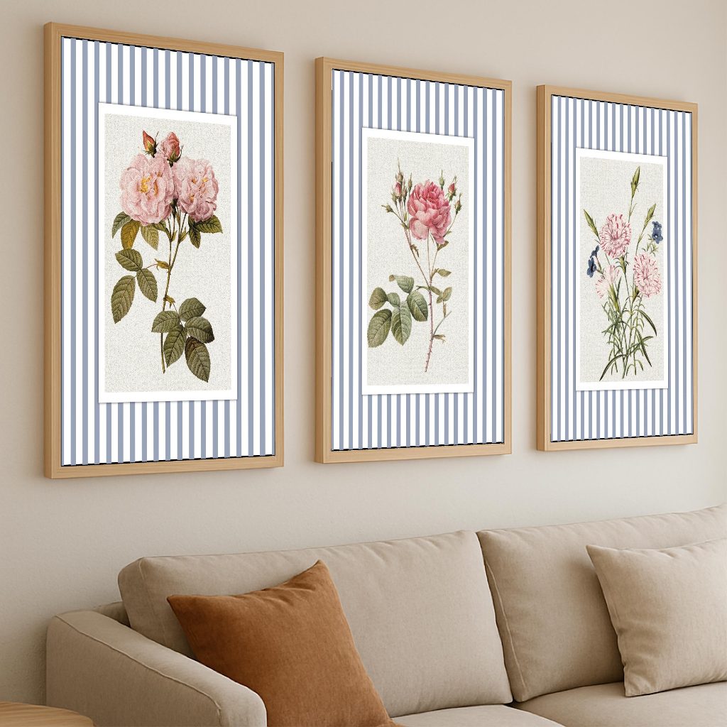 Kit 3 Quadros Decorativos Listrados Decoração Quarto Sala 40×60 Flores Retrô Vintage Romatico