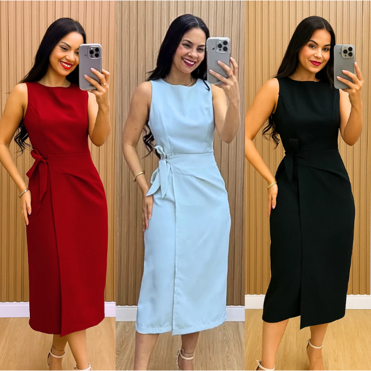 Vestido Feminino Amarração Lateral Alfaiataria Midi Possuí Zíper Social Elegante PMG Look Verão Moda Mulher Evangélica em Oferta na Shopee