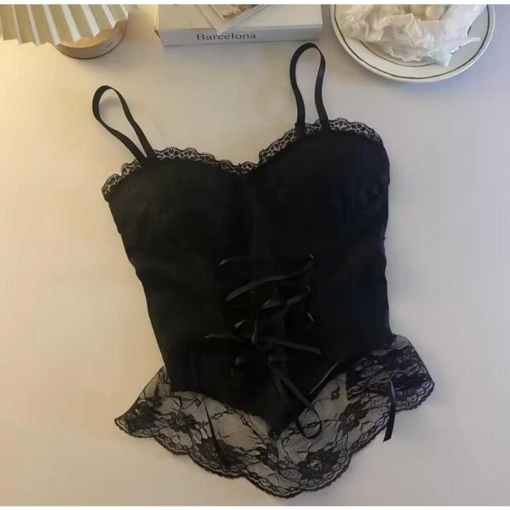 Top Corset Cropped Sexy Gótico Dark Punk Y2K Estilo Espartilho com Renda Cor Preto Laços Vamp Goth