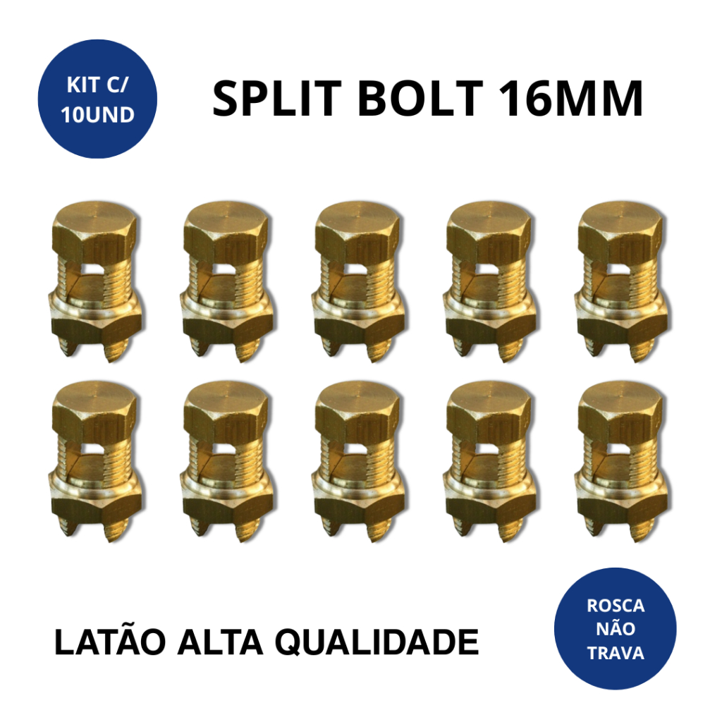 Conector Split Bolt 16mm Kit C/10 Latão Sistema Aterramento Emenda Elétrica Parafuso Fendido Cabo Fio em Oferta na Shopee