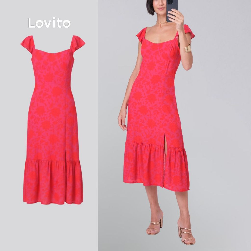 Lovito Vestido Midi Estampado Rosa Elegante Feminino LB80BRL109 em Oferta na Shopee