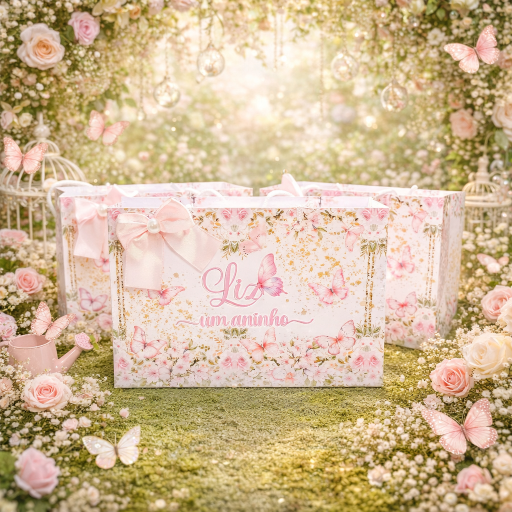 Sacolinha Personalizada Jardim Das Borboletas Rosa | Lembrancinhas | Festa | Aniversário I Sacola (TODOS OS TEMAS)
