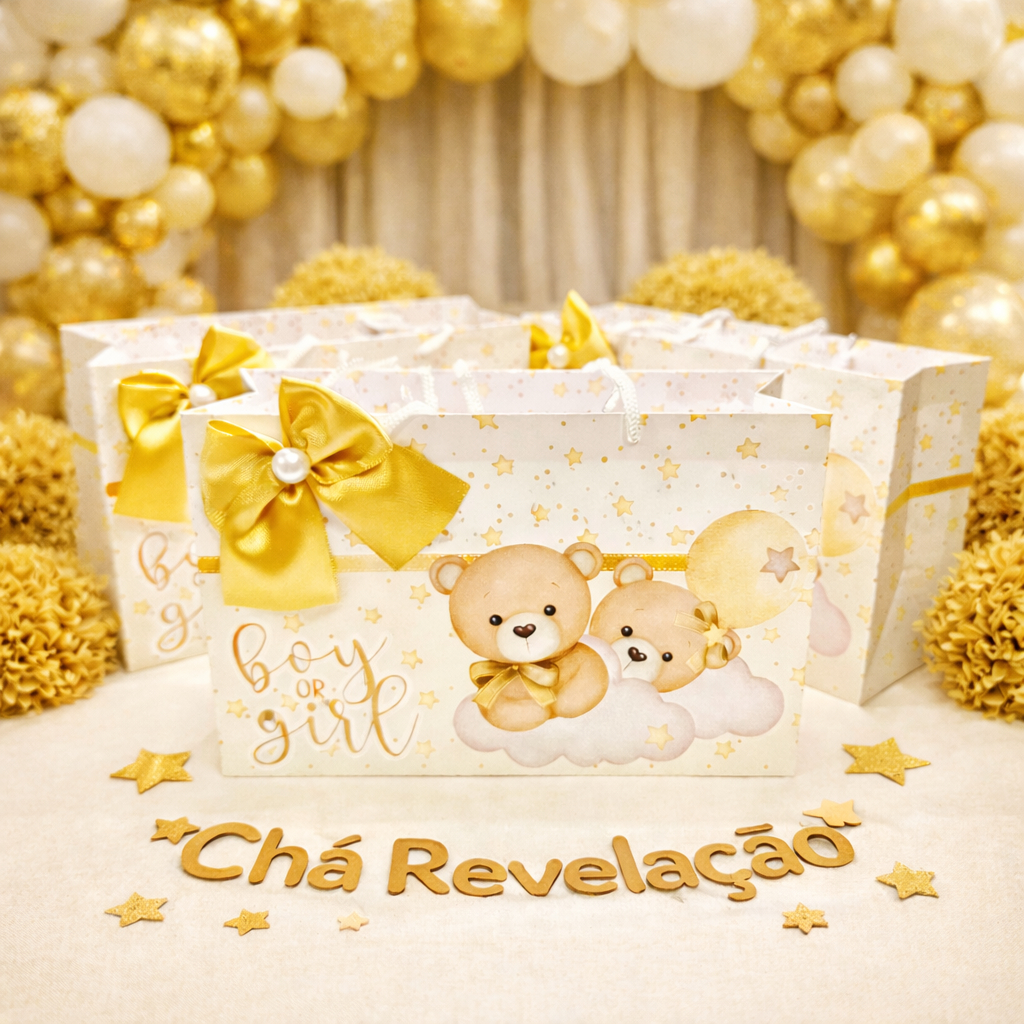 Sacolinha Personalizada Chá Revelação Ursinhos Bege | Lembrancinhas | Festa | Aniversário I Sacola (TODOS OS TEMAS)