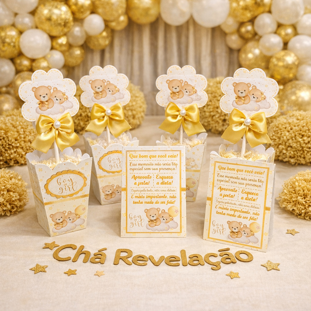 Kit Centro de mesa Chá Revelação Ursinhos Bege | Personalizado | Enfeite Cachepô | Festa | Aniversário (TODOS OS TEMAS)