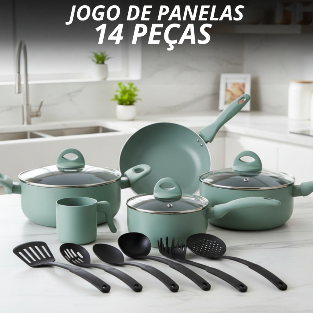 Jogo De Panelas Indução Antiaderente Cerâmica Mármore Verde Sage 14 Peças Com Leiteira Jogo Completo