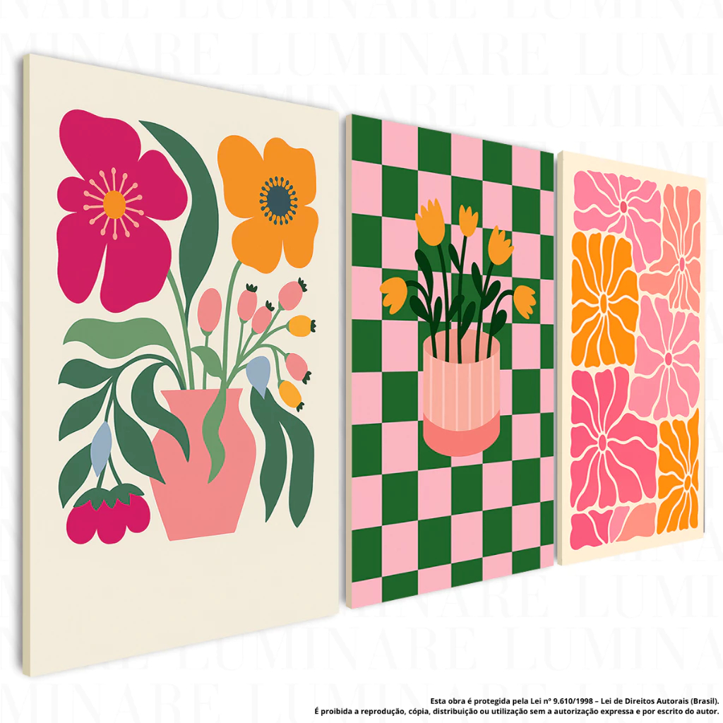 Quadro Decorativo Kit 3 Peças em MDF | Arte Moderna Abstrata Floral Minimalista Retrô