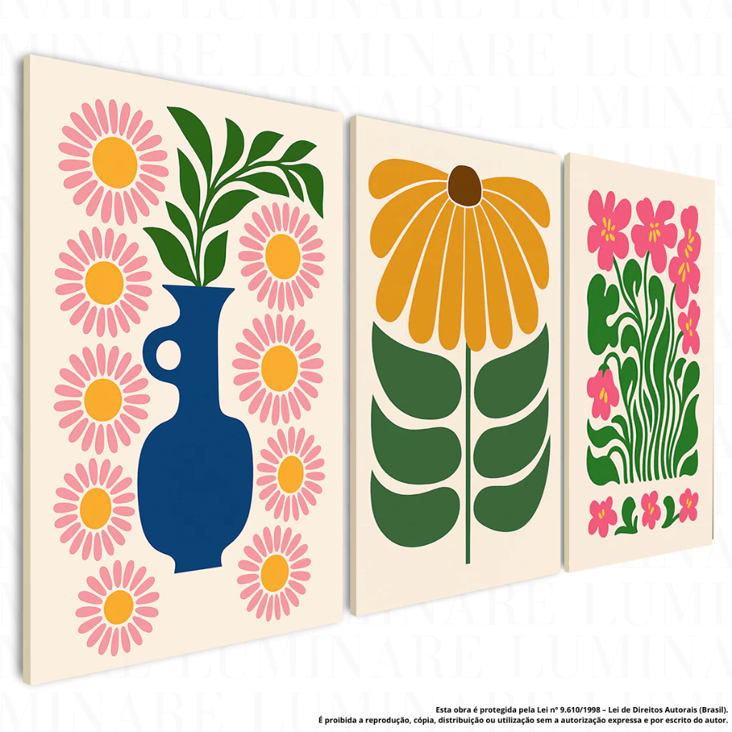 Quadro Decorativo Kit 3 Peças em MDF | Arte Moderna Abstrata Floral Minimalista Retrô