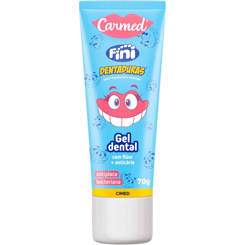Carmed Fini Dentaduras Gel Dental com Flúor Sabor Framboesa e Morango 70g
