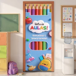 Capa de Porta Escolar Volta As Aulas Infantil 0,80x2,10m Sublimado Em Tecido Retangular Veste Fácil
