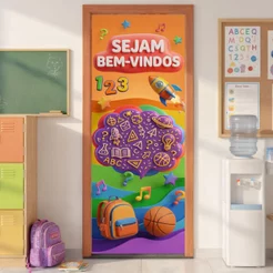Capa para Porta Decorativa Bem-Vindos Sala de Aula Em Tecido Sublimado 0,80x2,10m Veste Fácil