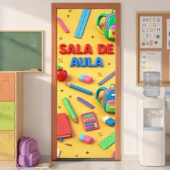 Capa de Porta Escolar Decoração Sala de Aula 0,80x2,10m Em Tecido Sublimado Retangular Veste Fácil