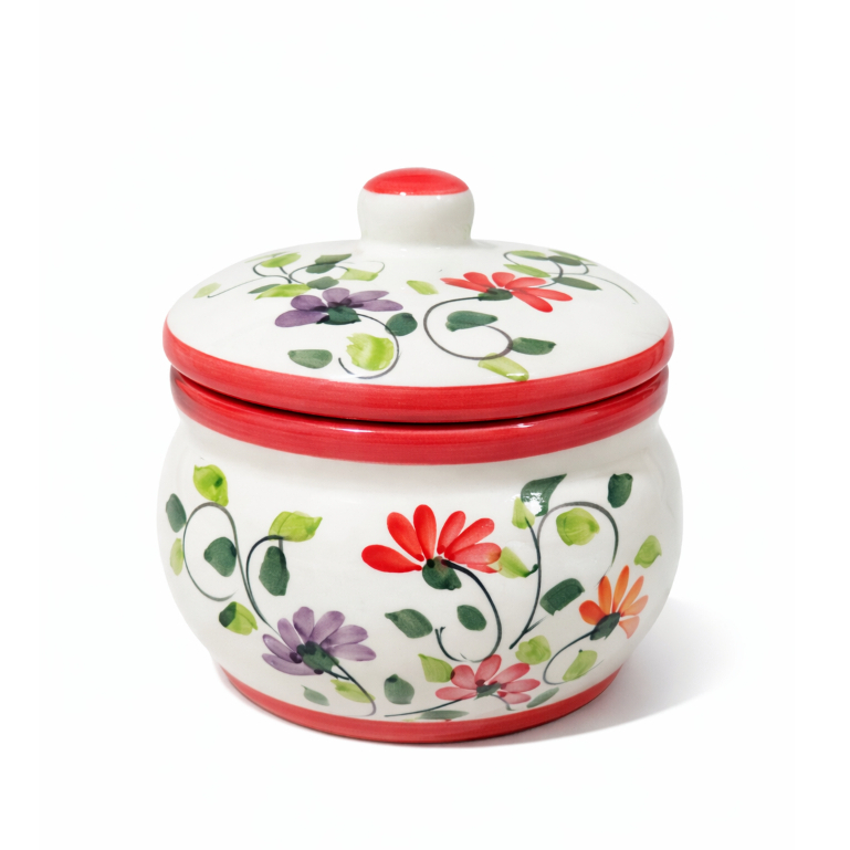 Pote Mantimentos Cerâmica Floral com Tampa Cumbuca Porta Alho Sal Açúcar Decorativo