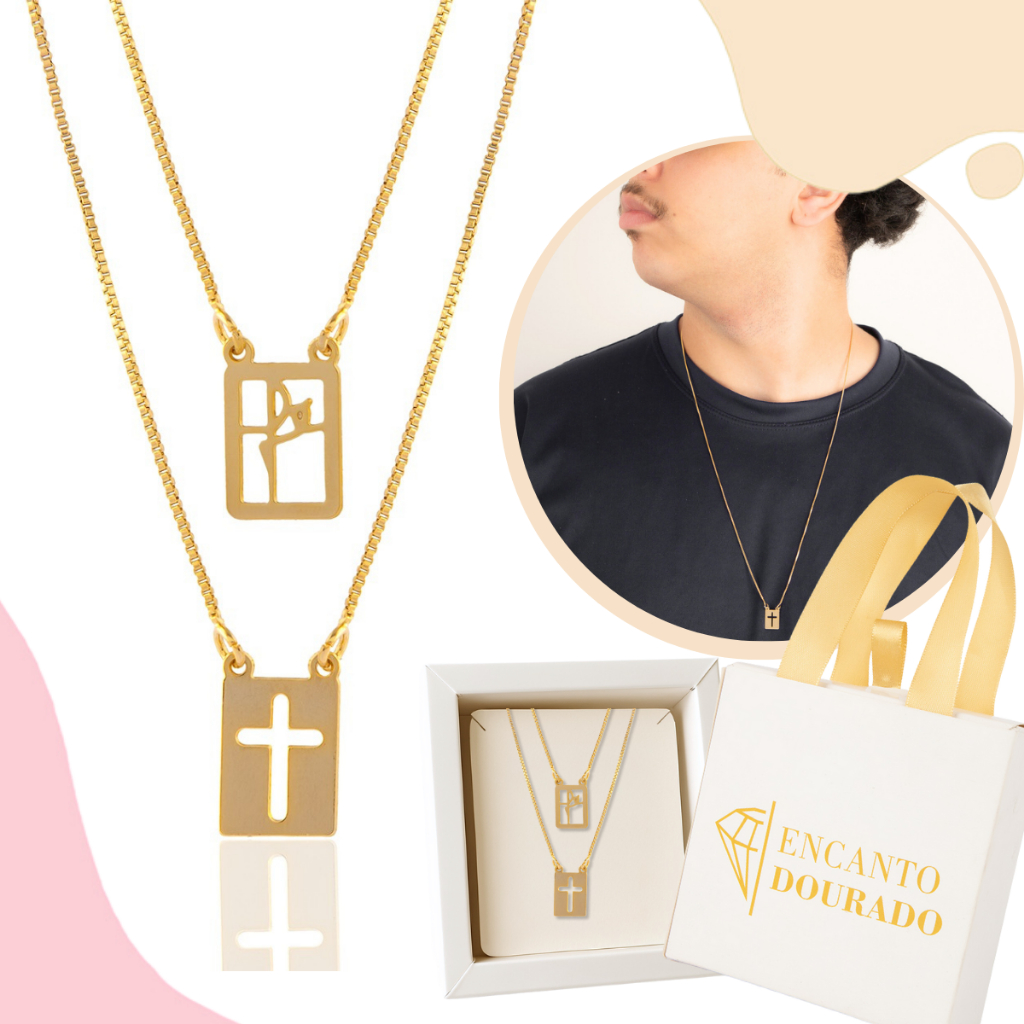 Escapulário Masculino Banhado a Ouro 18k Duas Faces Fé e Cruz Vazado Feminino