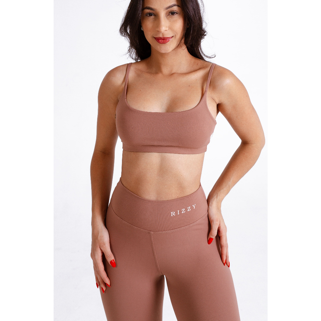 Top Fitness Feminino Treino Academia Entrada Bojo Poliamida Reforçado Zero Transparência Cappucino