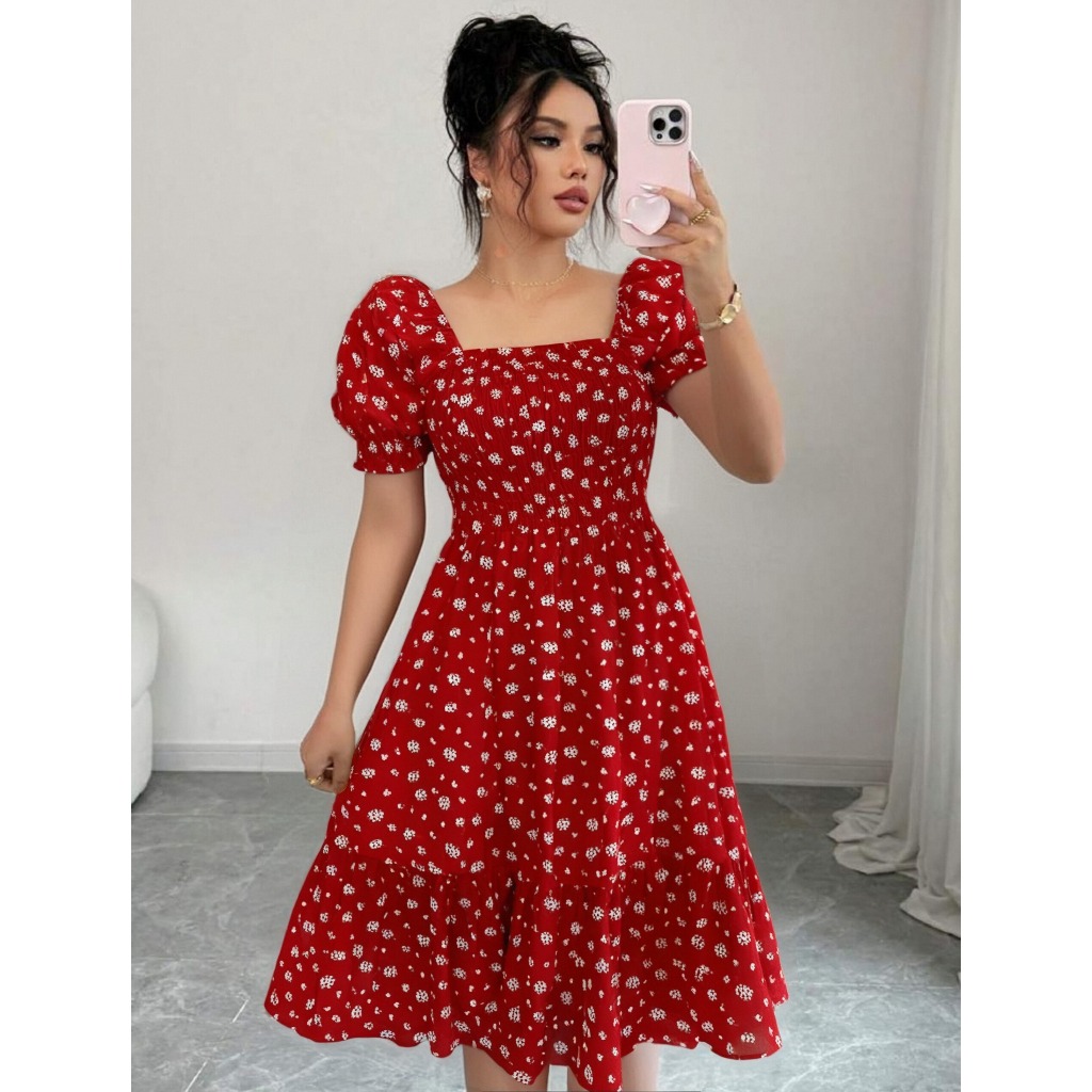 Vestido Midi Floral Romântico Elegante com Manga Curta Princesa Camponesa Confortável Plus Size Estiloso Festa em Oferta na Shopee
