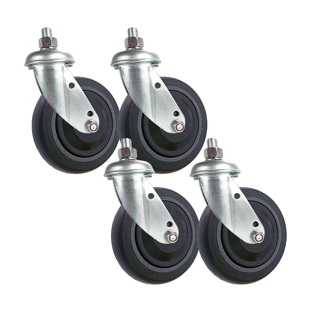 Kit 4 Rodizio 412 Roda 4 Polegadas Garfo Espiga Giratório Carrinho Supermercado PVC Rolamento Central Cinza Abaulada