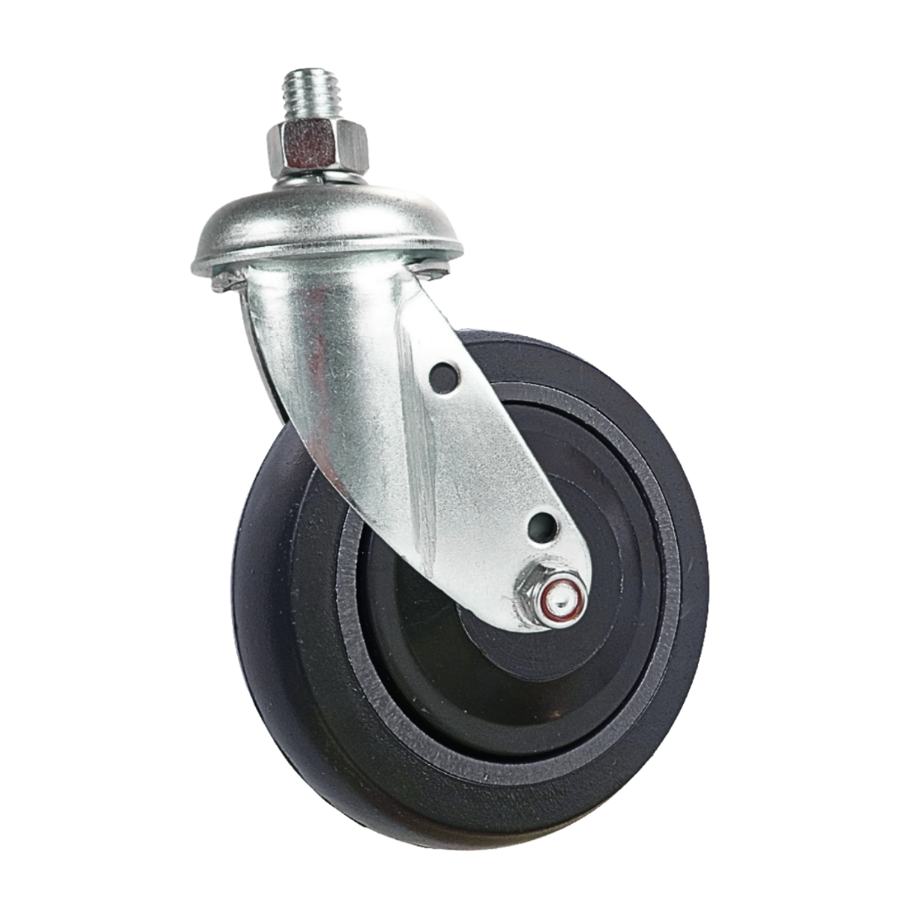 Rodizio 412 Roda 4 Polegadas Garfo Espiga Giratório Carrinho Supermercado PVC Rolamento Central Cinza Abaulada