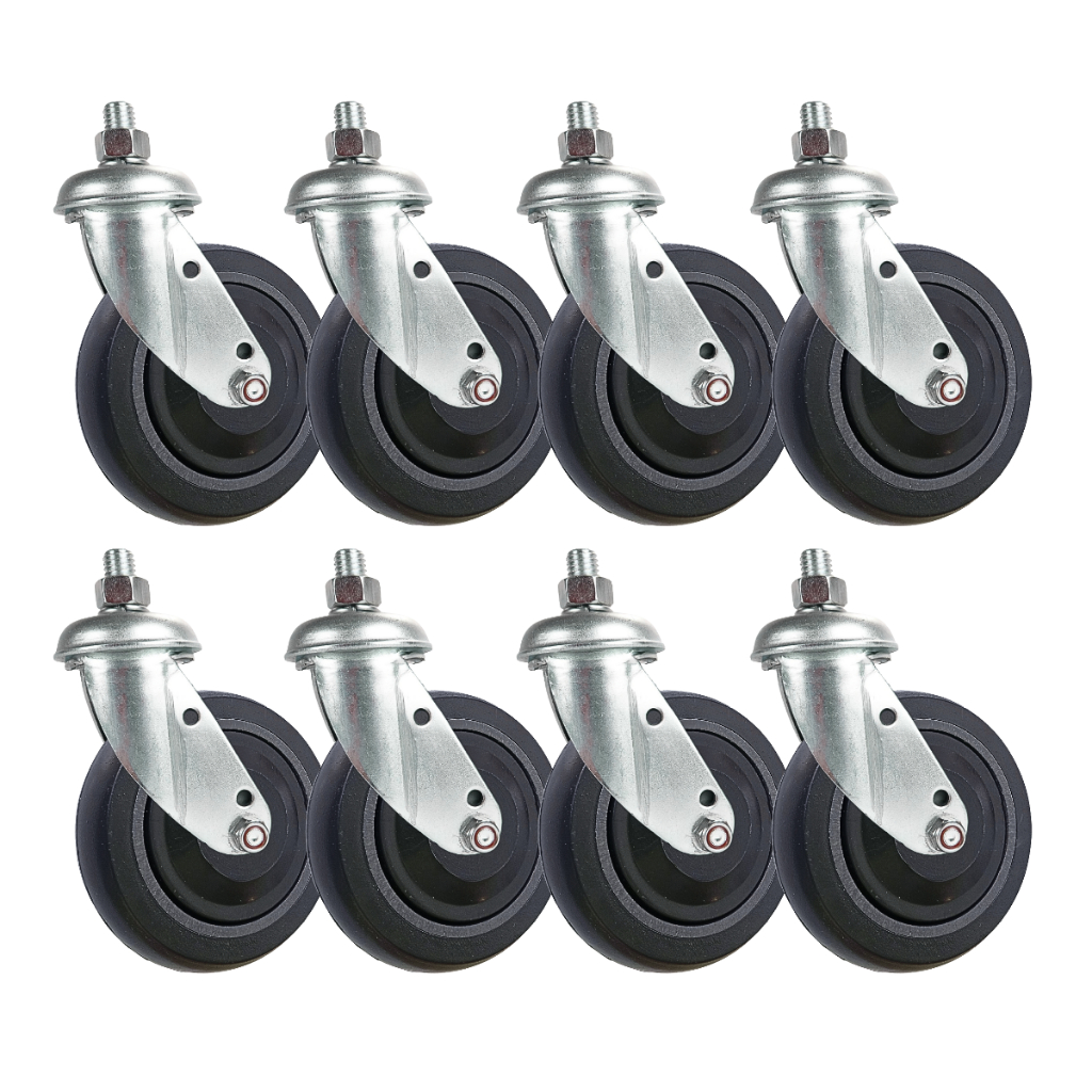 Kit 8 Rodizio 412 Roda 4 Polegadas Garfo Espiga Giratório Carrinho Supermercado PVC Rolamento Central Cinza Abaulada