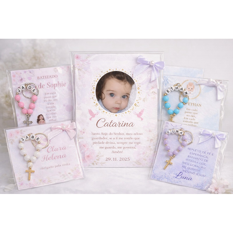 Mini Terço Personalizado Lembrancinha Batizado • Crisma • Primeira Eucaristia • Chá de Bebê – Kit 10/15/20/25/30