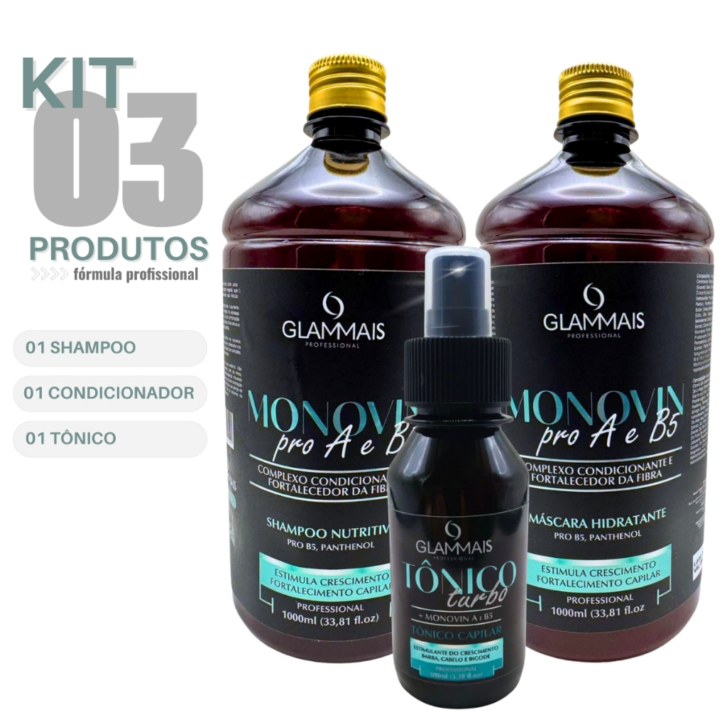 Kit Monovin Pro A e B5 Shampoo Condicionador Tônico Crescimento Capilar Rápido e Antiqueda 3 Passos