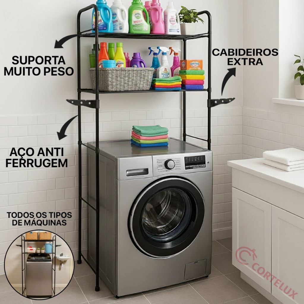 Rack Estante Lavanderia Maquina de Lavar Organizaçao Prateleira Aço Preto ou Branco Cortelux em Oferta na Shopee