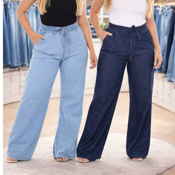 Calça Pantalona Wide Leg Jeans Feminina Cintura Alta Escura Tecido Leve