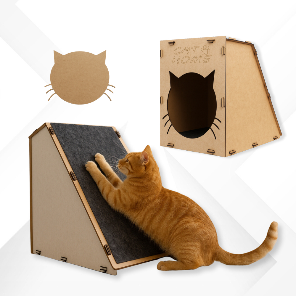 Arranhador Gato Rampa Anti Estresse Brinquedo Toca Casinha Nicho Carpete Diversão Mdf 4mm Playground