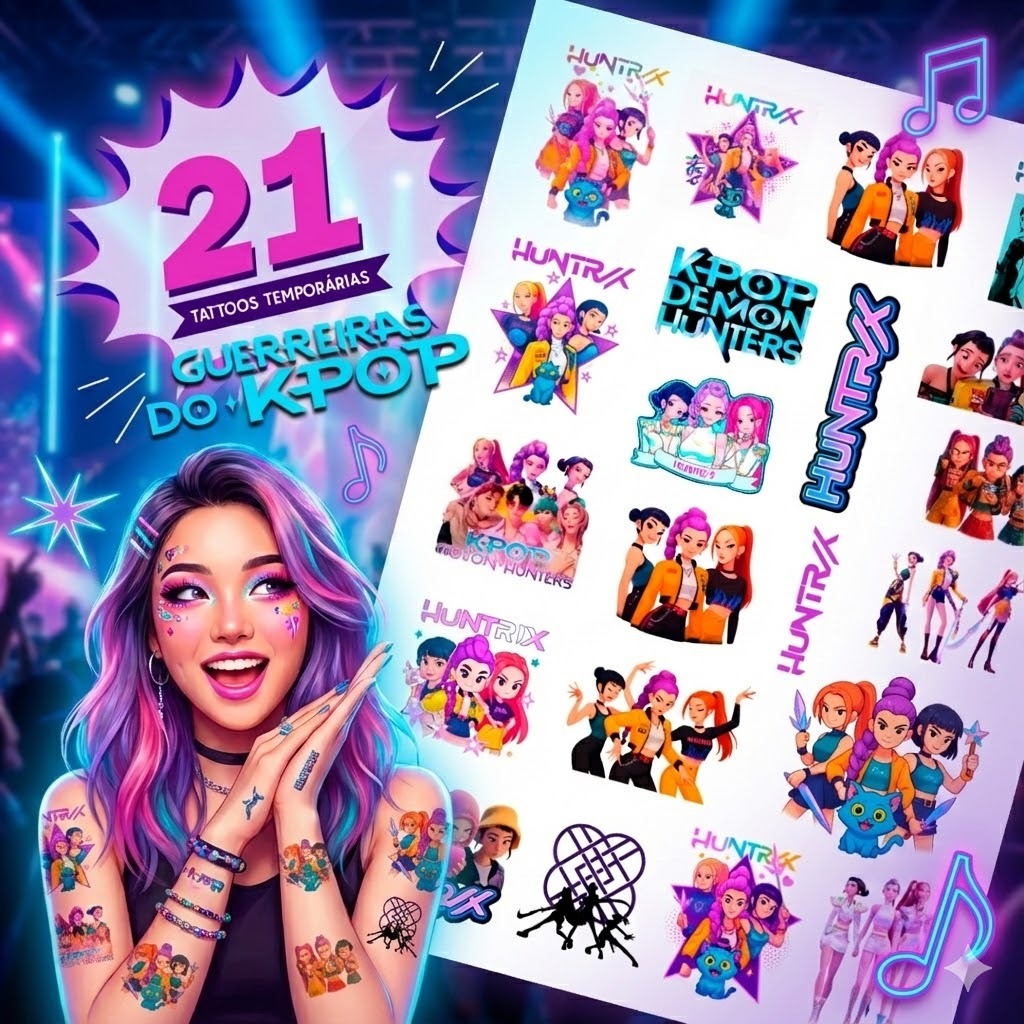Tatuagem Temporaria Guerreiras do KPOP 20x28cm - Guerreiras do K-POP 21 unidades em Oferta na Shopee