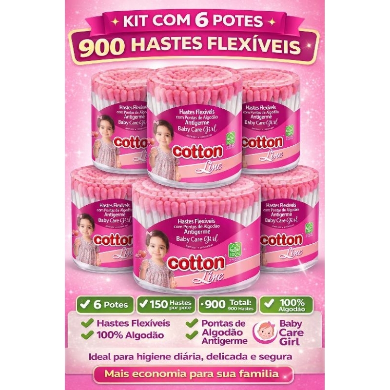 Kit 6 Potes Cotonetes Baby Care Girl 900 Hastes Flexíveis 100% Algodão Antigerme - Cotton Line