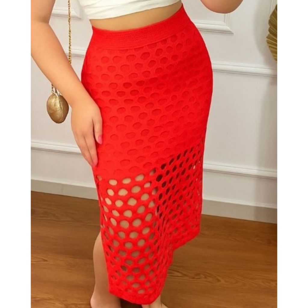 Saia Feminina Fio Modal Rendada Fenda na Lateral Cós com Elástico Forrada Mídi Verão Tricot em Oferta na Shopee