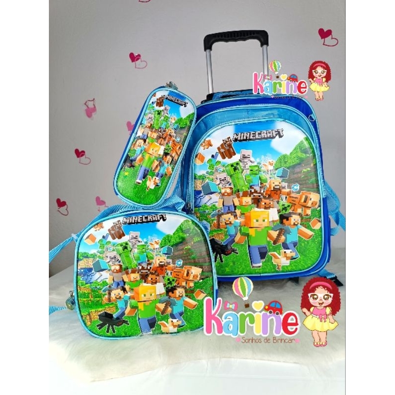 KIT MOCHILA ESCOLAR INFANTIL MINECRAFT COM RODINHAS/ MOCHILA LANCHEIRA TÉRMICA ESTOJO/MOCHILA PARA MENINO MINECRAFT 2026