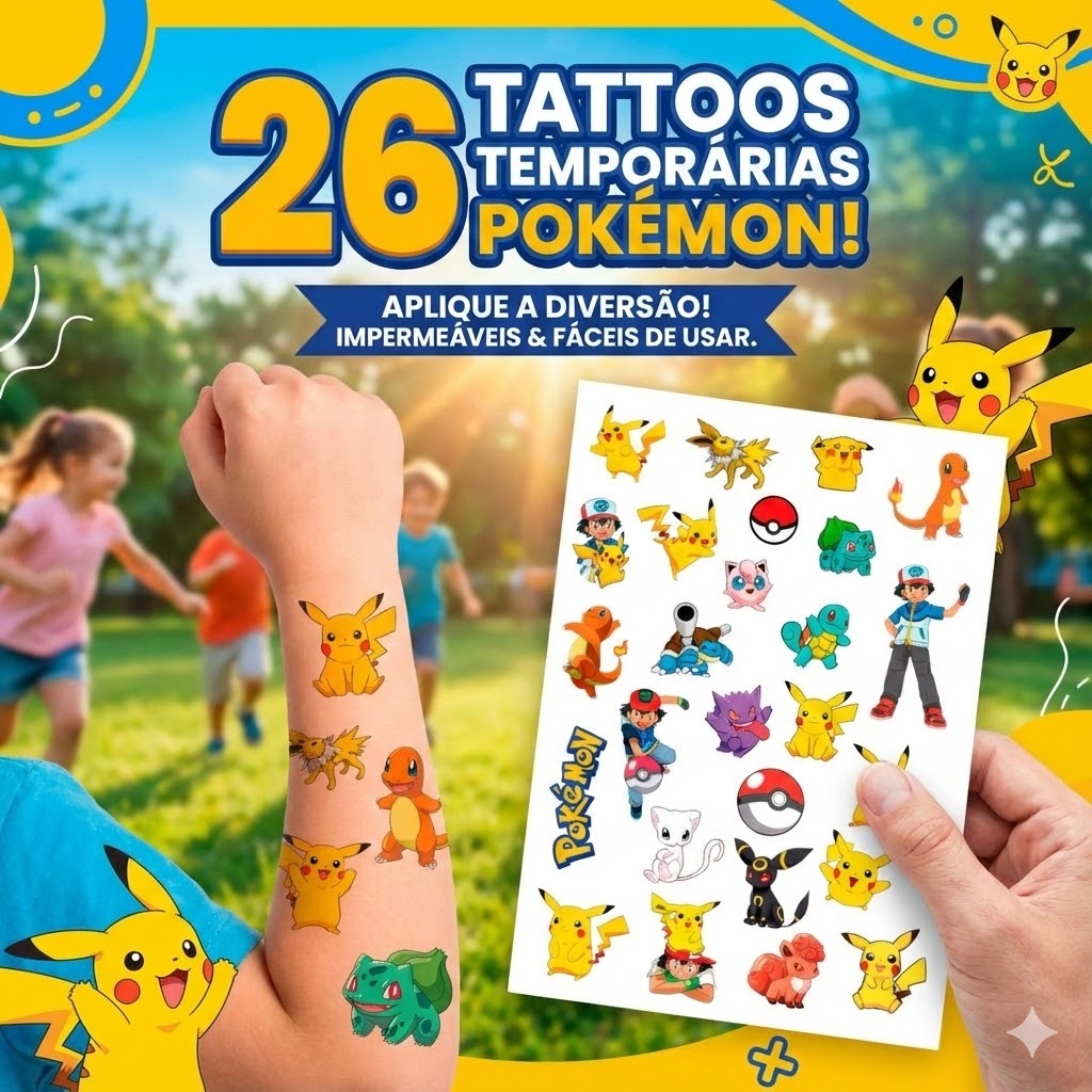 26 Tatuagens Temporária Infantil Pokemon Premium 20x28cm