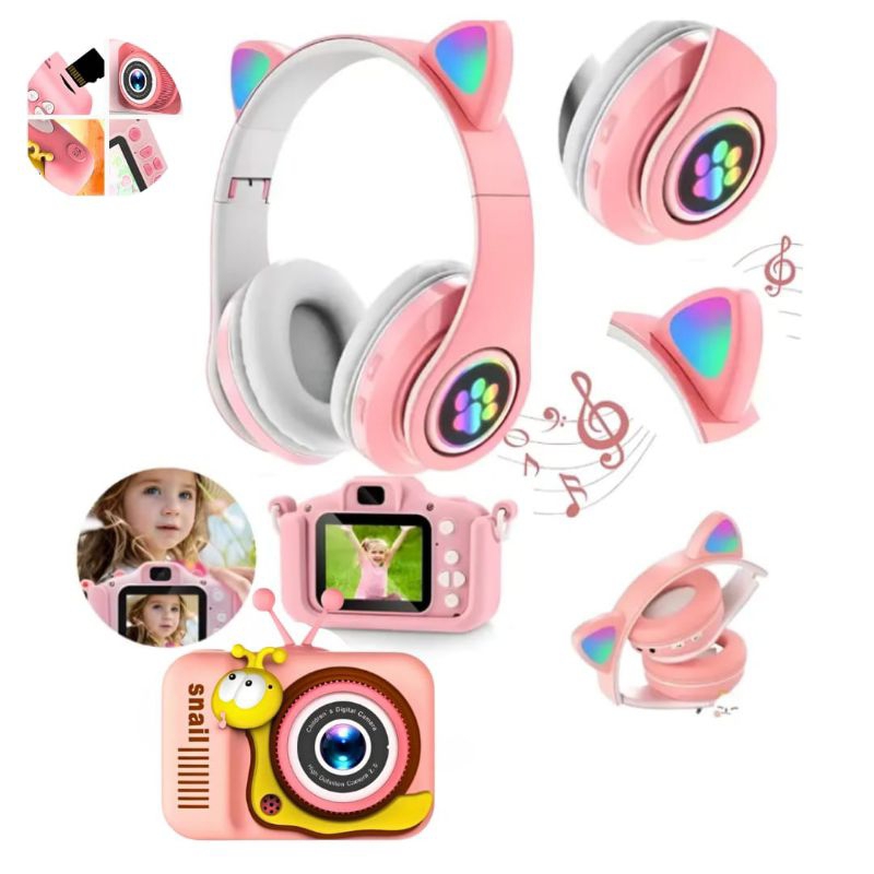 Kit Fone Gatinho + Câmera Digital Infantil - Rosa ou Azul