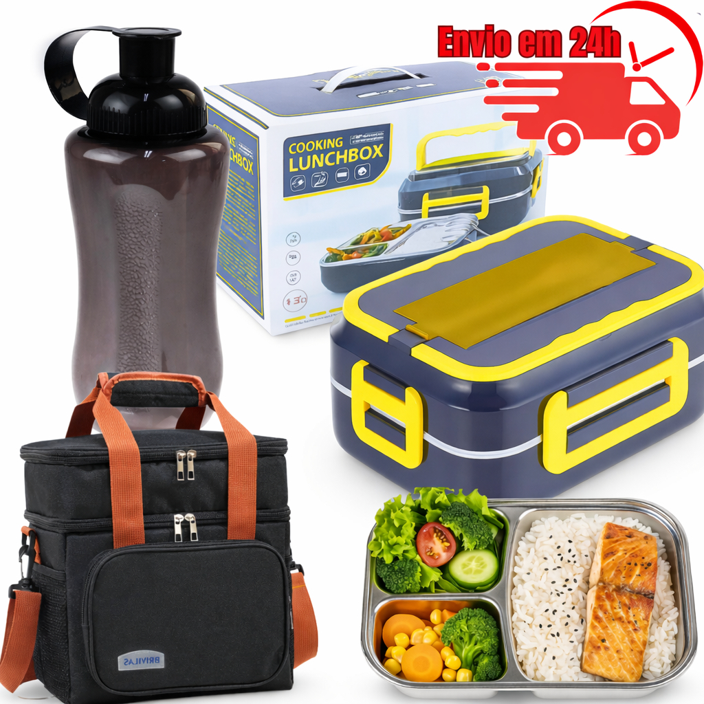 Marmita Eletrica Bivolt Inox C/Bolsa Termica e Garrafa 600ml Trabalho Escola Uber Taxi