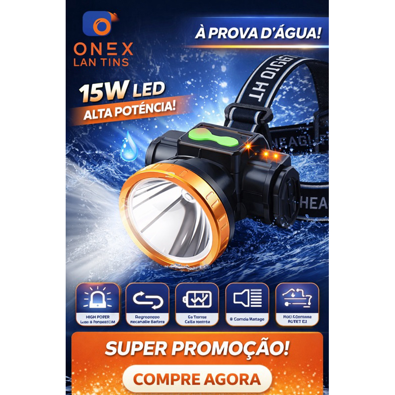 Imagem Lanterna de Cabeça LED Super Potente Recarregável | Ideal para Caça, Pesca, Camping e Bicicleta