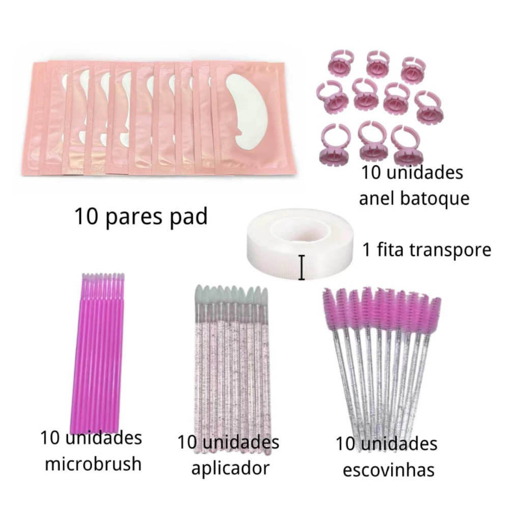 Kit Alongamento De Cilios 10 Escovinhas + 10 Miceobrush +10 Anel Batoque + 10 pares de pads  + 1Fita transporeli em Oferta na Shopee