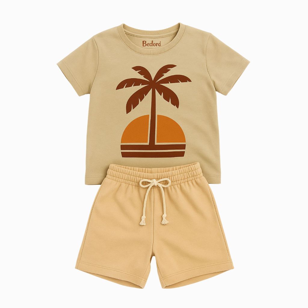 Conjunto Infantil Menino Coqueiro Camiseta Algodão + Bermuda Moletinho Masculino