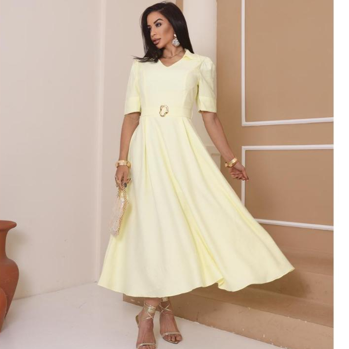 Vestido Feminino Midi  Manga Curta com Pesponto Branco e Cinto Ajustável – Moda Elegante em Oferta na Shopee