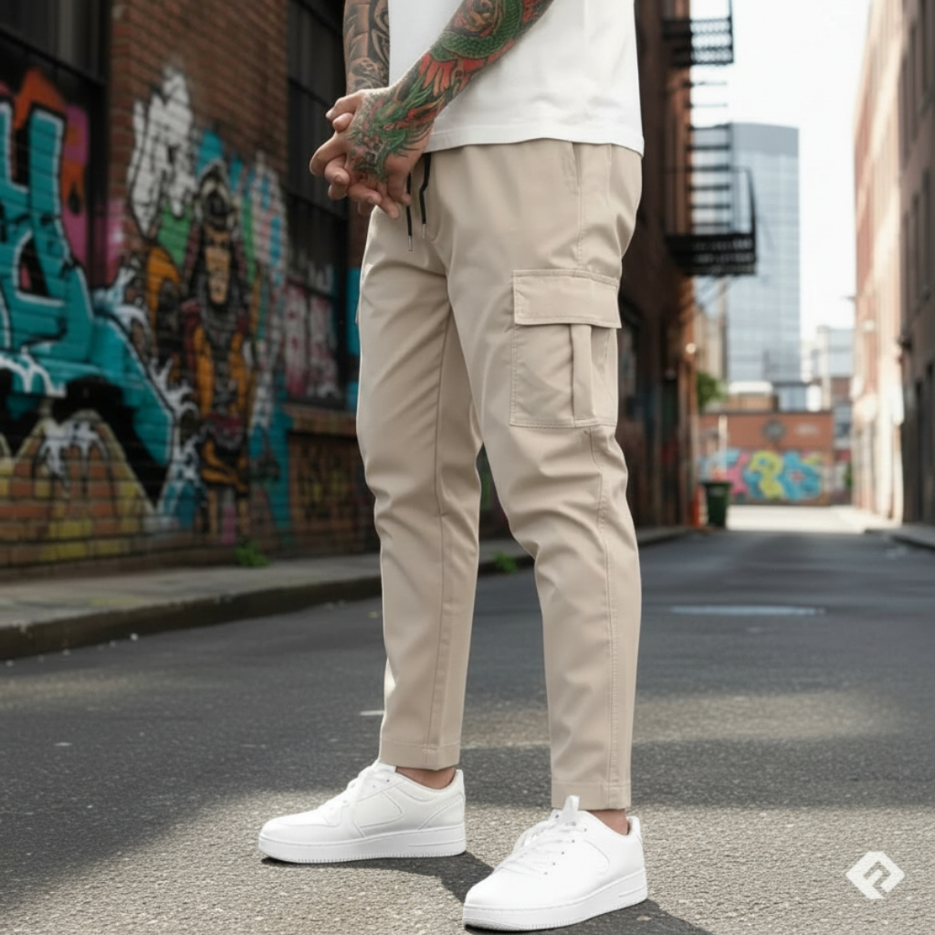 Calça Cargo Sarja Bolsos Laterais Streetwear Casual Confortável