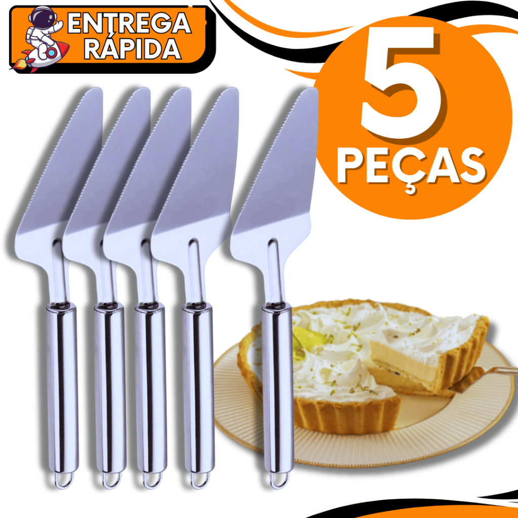 Jogo 05 Espátula Inox com Corte Precisa para Cortar Bolos, Tortas e Pães Multiuso Premium Utilidades