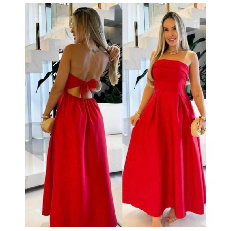 VESTIDO LONGO FEMENINA TOMARA CAIA TECIDO ALFAIATARIA PRINCESA TENDÊNCIA VERÃO