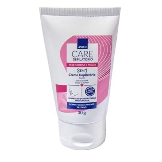 Embalagem bisnaga branca do creme depilatório facial Avon Care 3 em 1 com detalhes em rosa e azul, contendo 30g de produto.