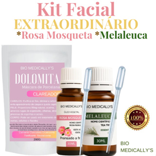 Kit Facial Extraordinário Dolomita 200g + Óleo Vegetal Rosa Mosqueta + Óleo de Melaleuca 2X30ml + Pipeta (5Peças) em Oferta na Shopee
