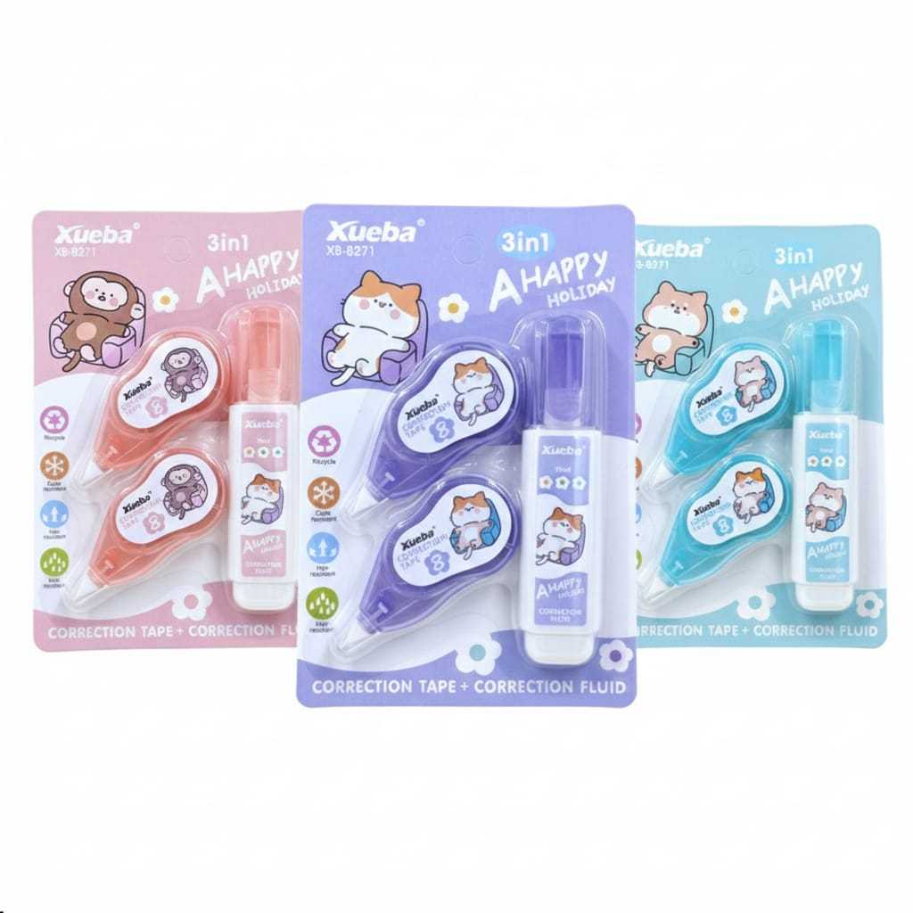 Conjunto de fita corretiva com 2 unidades e corretivo líquido em caneta